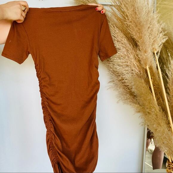 ZARA Ruched Short Ribbed Tee Shirt Side Tie Bodycon Mini Dress Rust Brown L - Picture 7 of 16